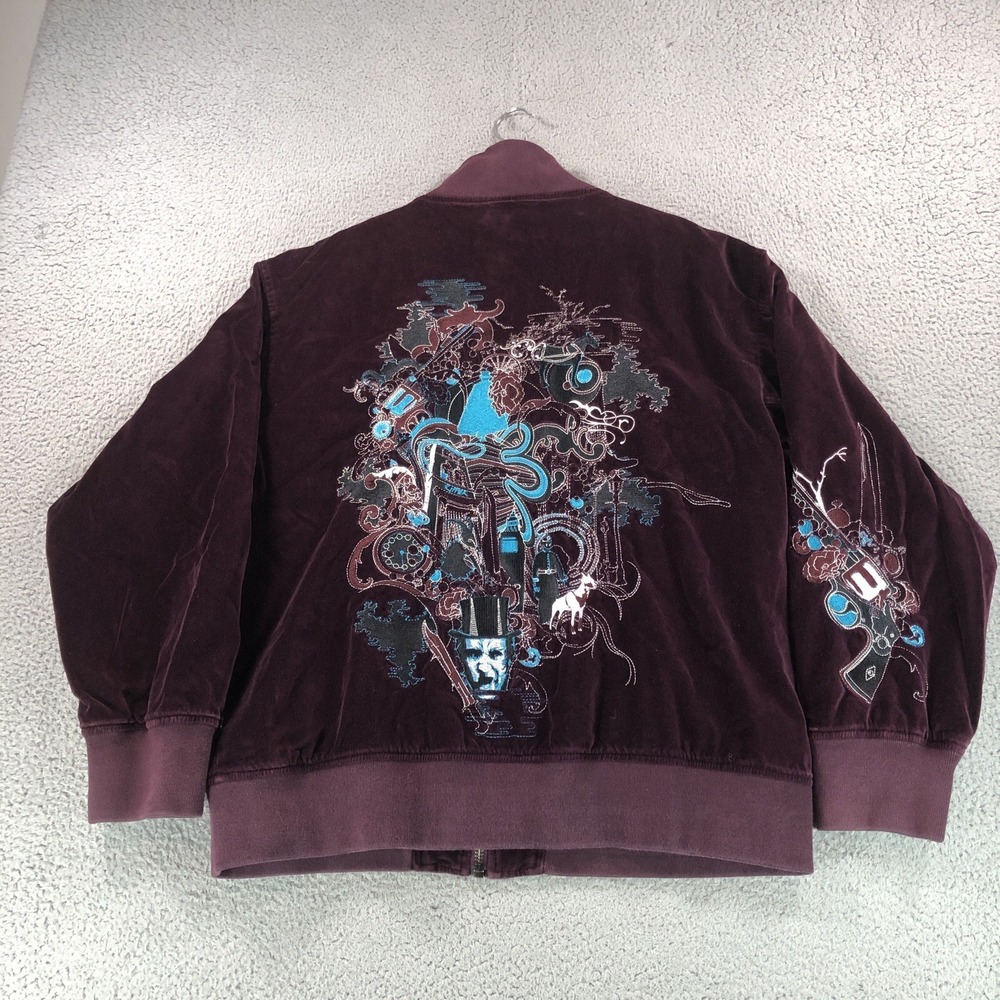 VTG Artful Dodger Jacket Mens 2XL Burgundy Velour‎ Embroidered Graphic Pistol